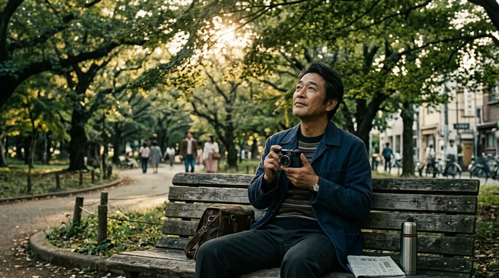 영화 퍼펙트 데이즈에서 공원 벤치에 앉아 나뭇잎 사이의 햇살을 필름 카메라로 바라보는 히라야마의 고요한 순간