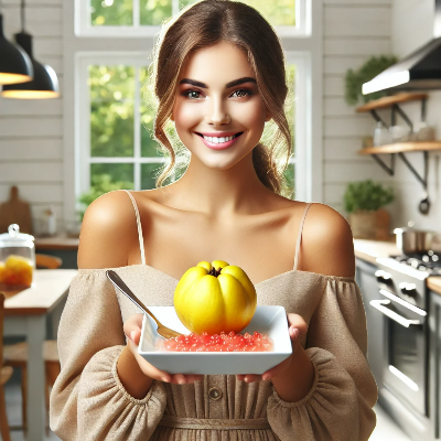 한 여성이 모과를 접시위에 들고 있다.