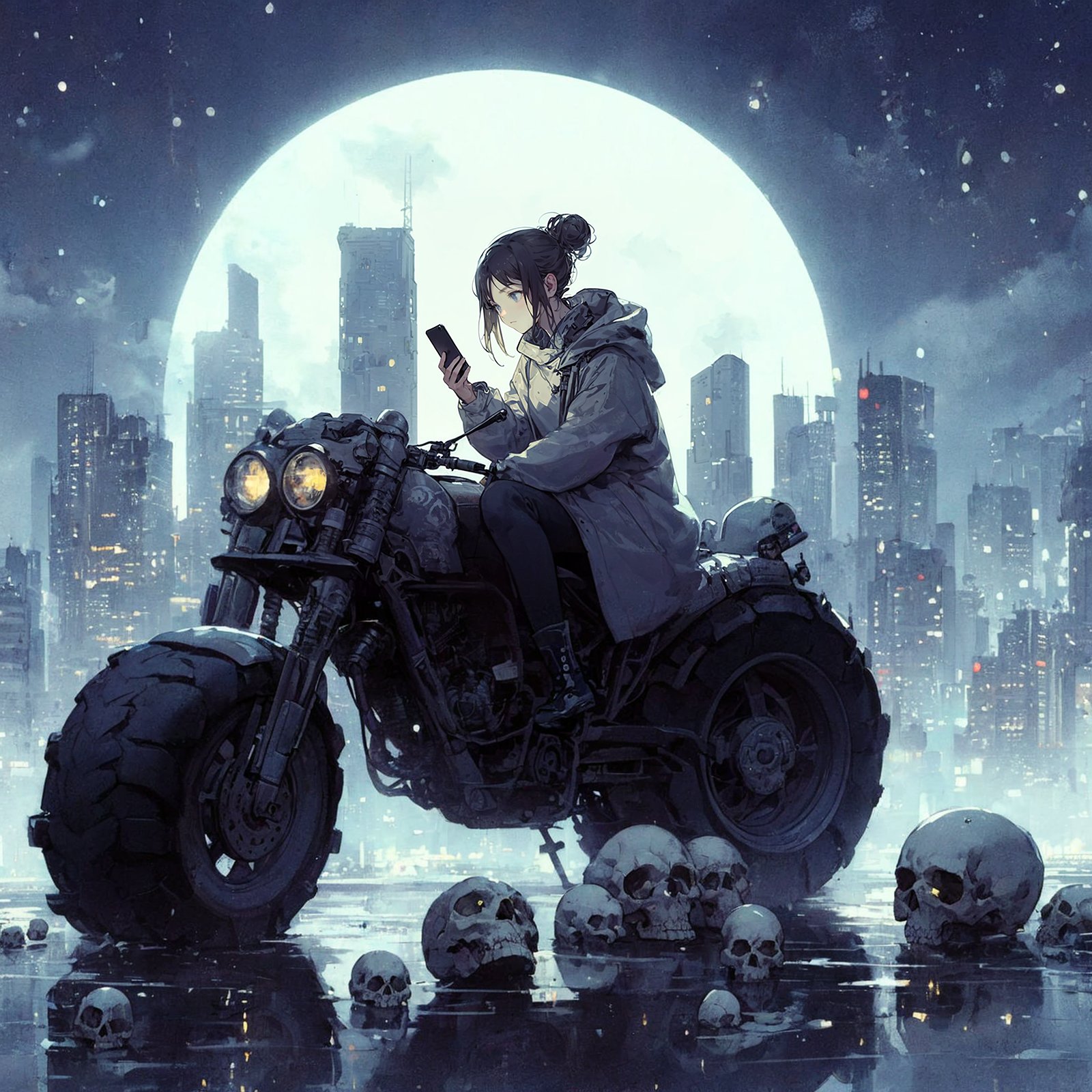 수채화풍 일러스트. 머리를 묶어 올린 한 여성이 커다란 바이크 위에 앉아 스마트폰을 보고 있다. 배경에는 거대한 달과 밤의 도시가 보인다. 빗물로 젖은 바닥에 몇 개의 해골이 놓여 있다.