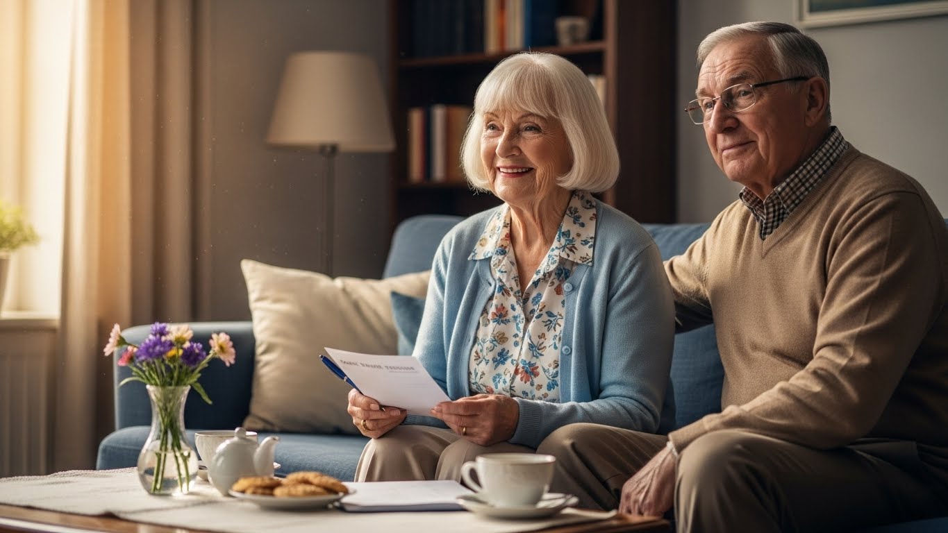 나이 든 부부가 편안하게 연금을 받는 모습