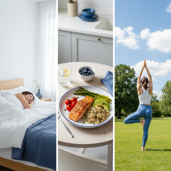 숙면, 균형 잡힌 식단, 규칙적인 운동을 상징하는 이미지, 건강한 라이프스타일이 두피에 미치는 긍정적 효과
