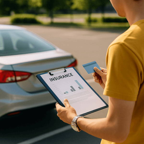 자동차 보험 갱신 서류를 확인하는 남성의 뒷모습