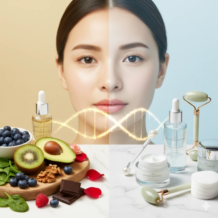 건강한 피부를 위한 항산화 식품과 스킨케어 루틴을 보여주는 썸네일 이미지입니다.