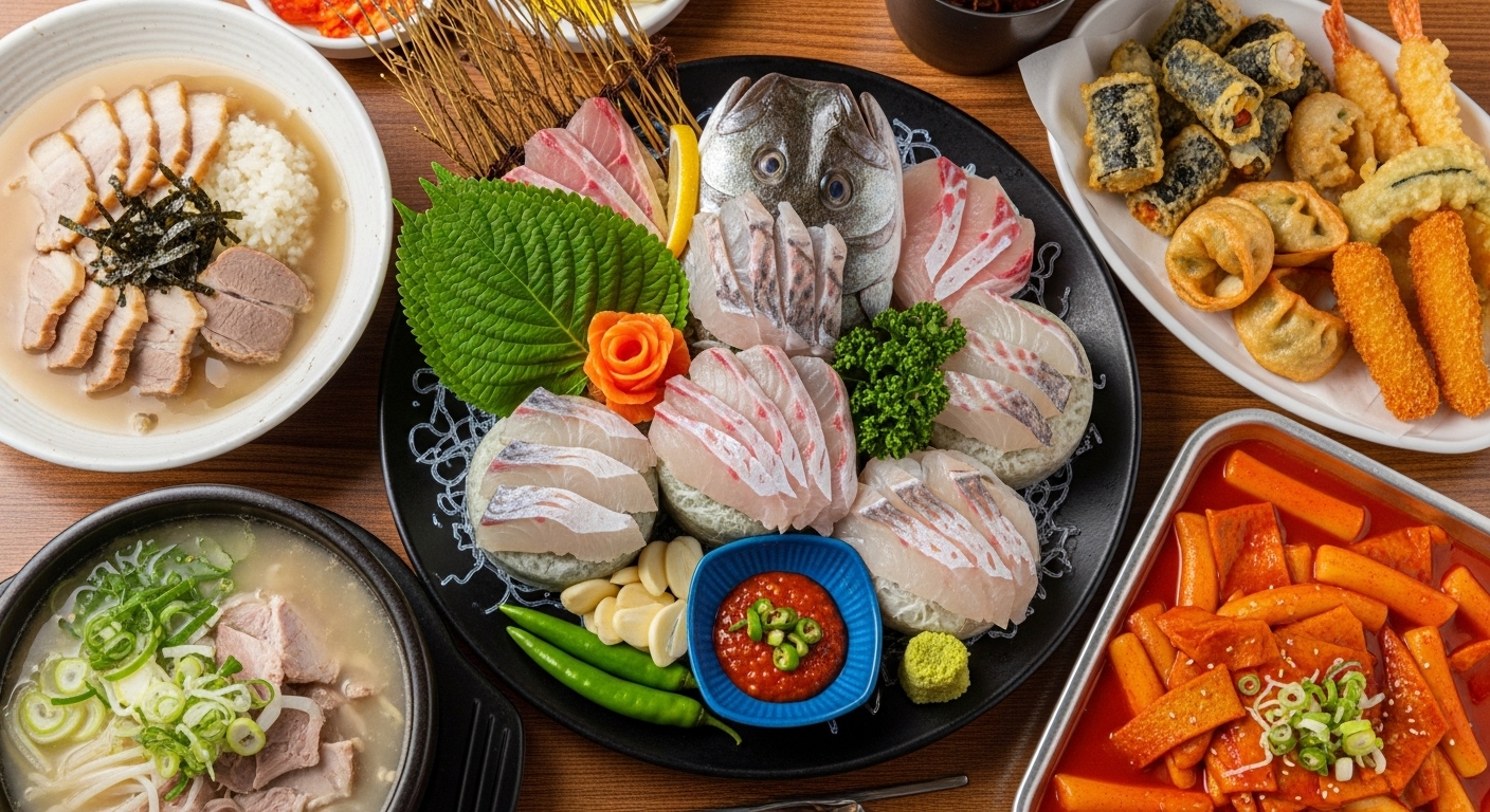 부산 불꽃축제 후 즐길 수 있는 신선한 회, 따뜻한 돼지국밥, 매콤한 떡볶이.