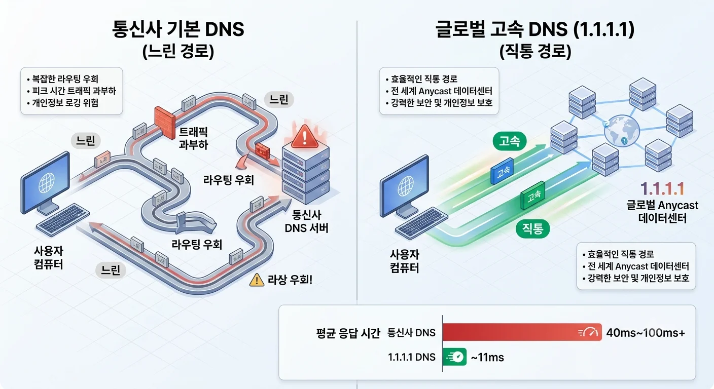 통신사 기본 DNS와 클라우드플레어 고속 DNS 라우팅 경로 및 응답시간 비교 인포그래픽