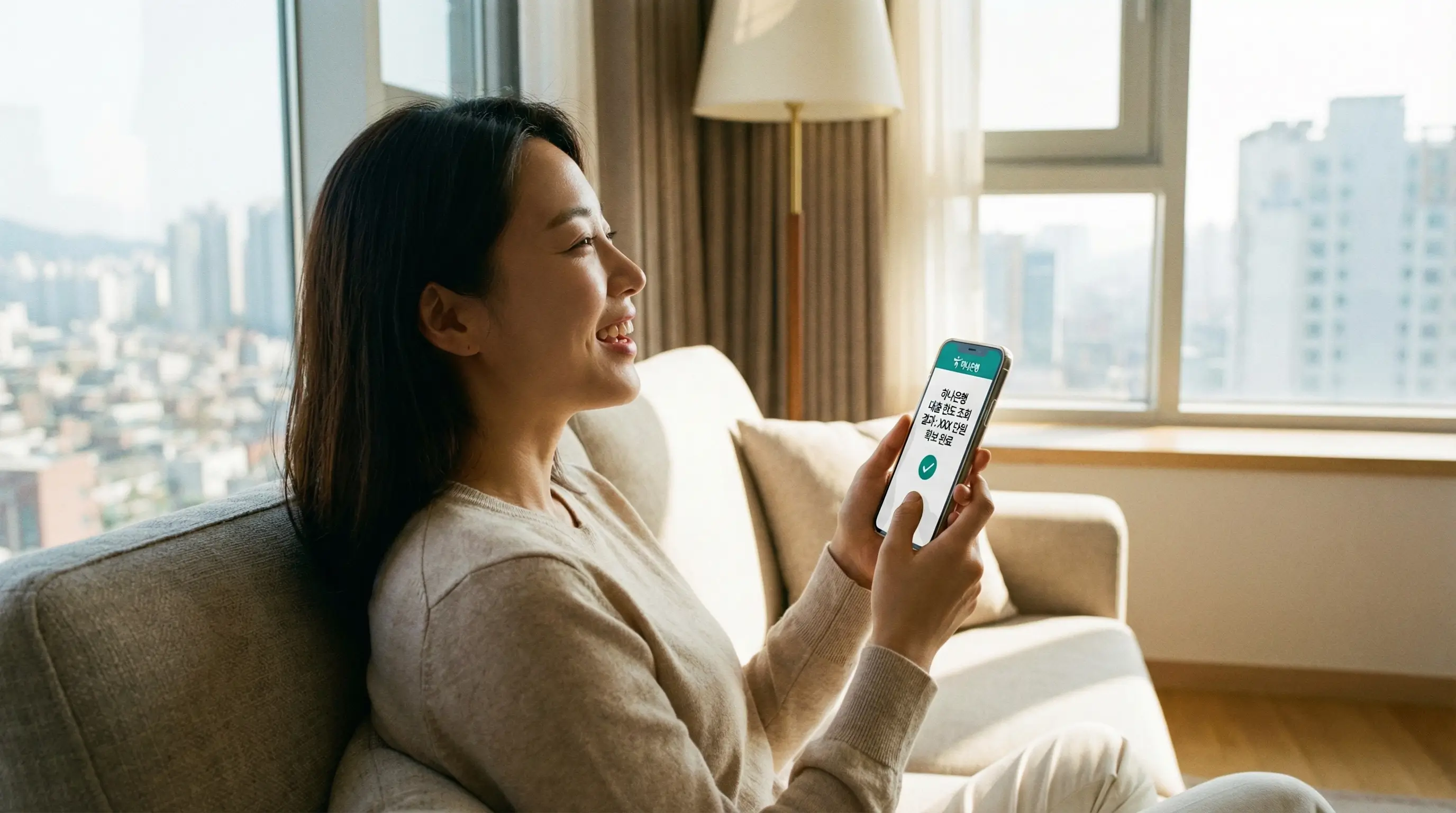 스마트폰으로 하나은행 대출 한도를 간편하게 조회하고 자금을 확보하여 안도하는 금융 소비자의 모습