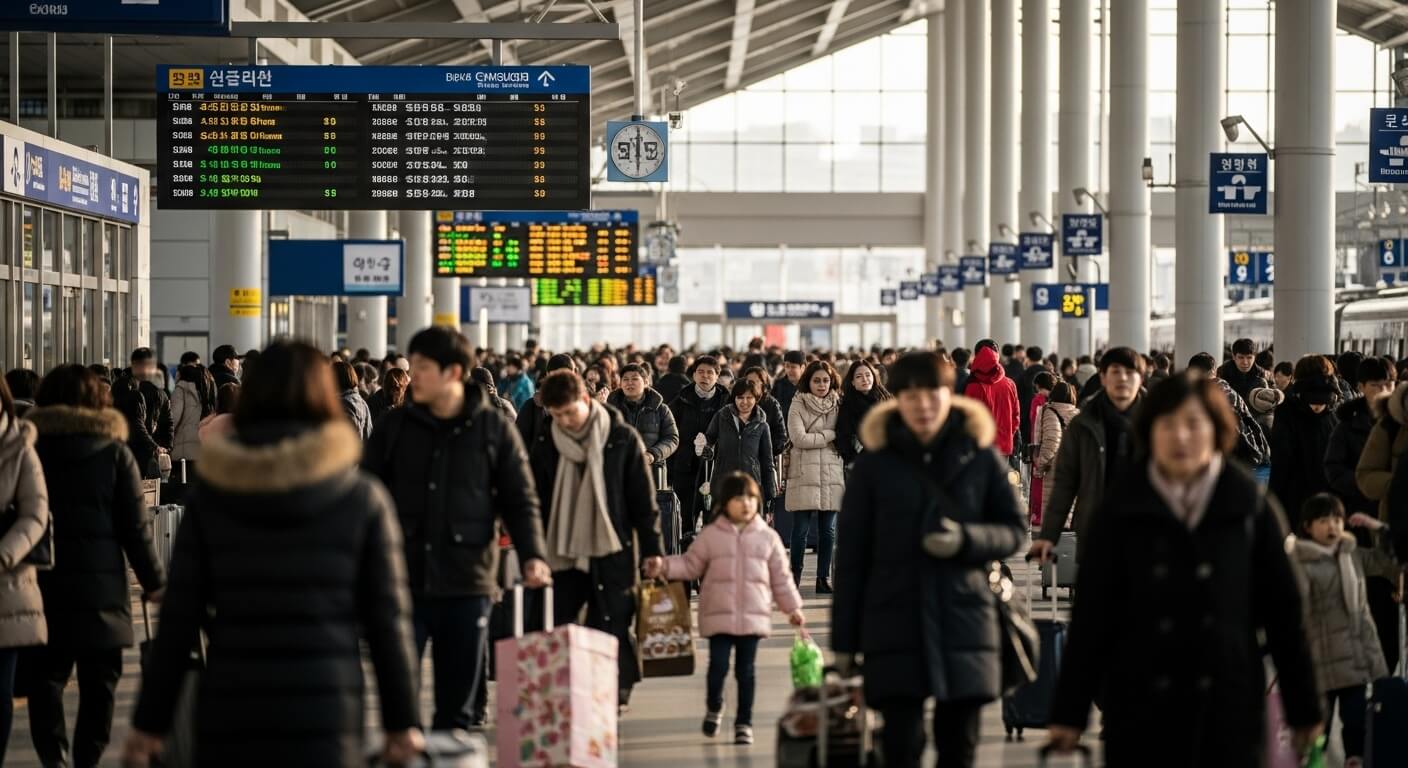 명절 귀성길로 붐비는 기차역 대합실 전경