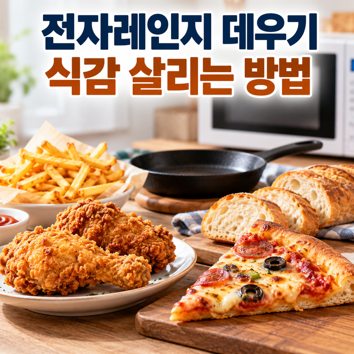 전자레인지가 놓인 주방 식탁에 프라이드치킨, 감자튀김, 피자, 빵과 프라이팬이 함께 놓인 대표 사진