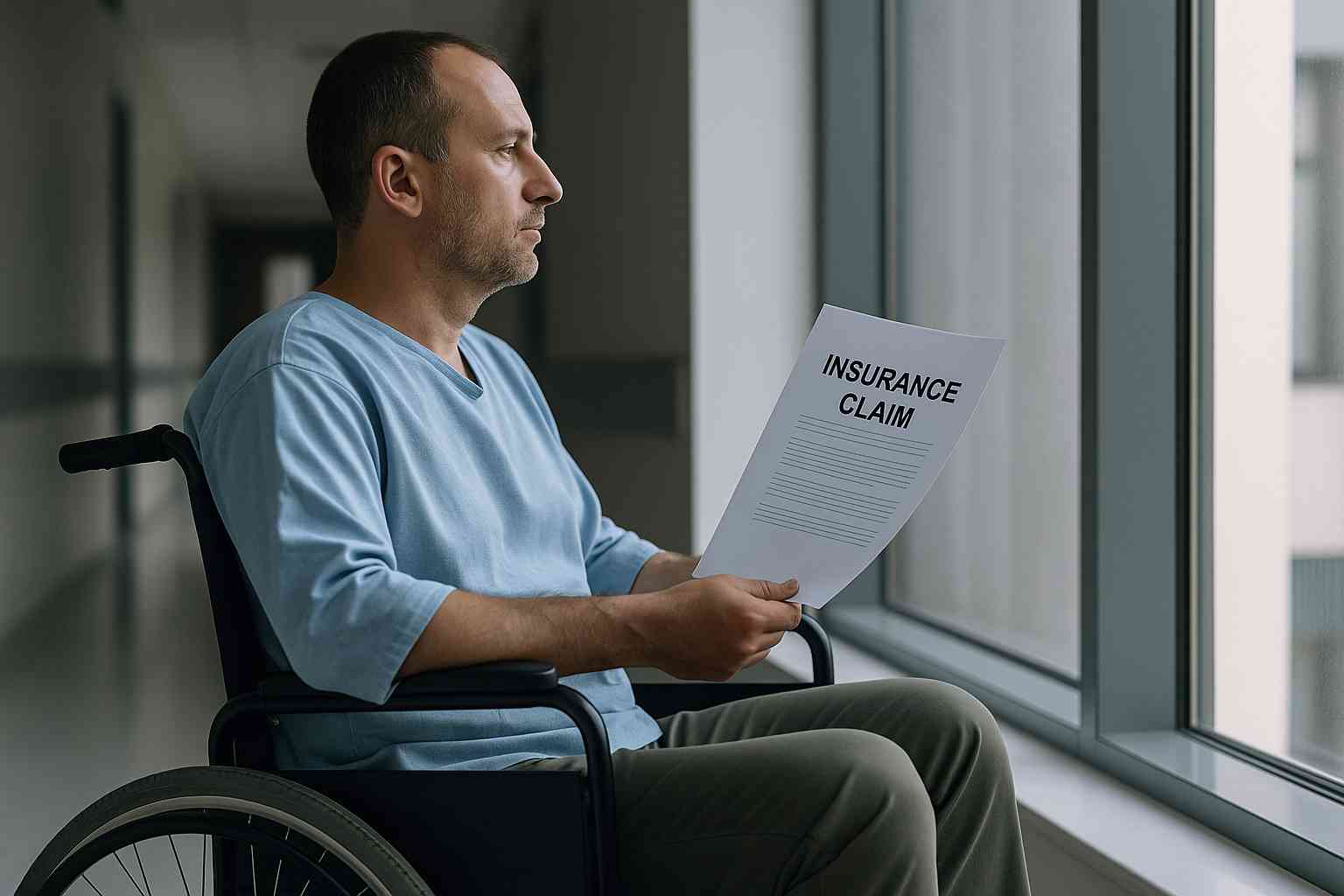 휠체어에 앉아 보험금 청구서를 바라보는 환자