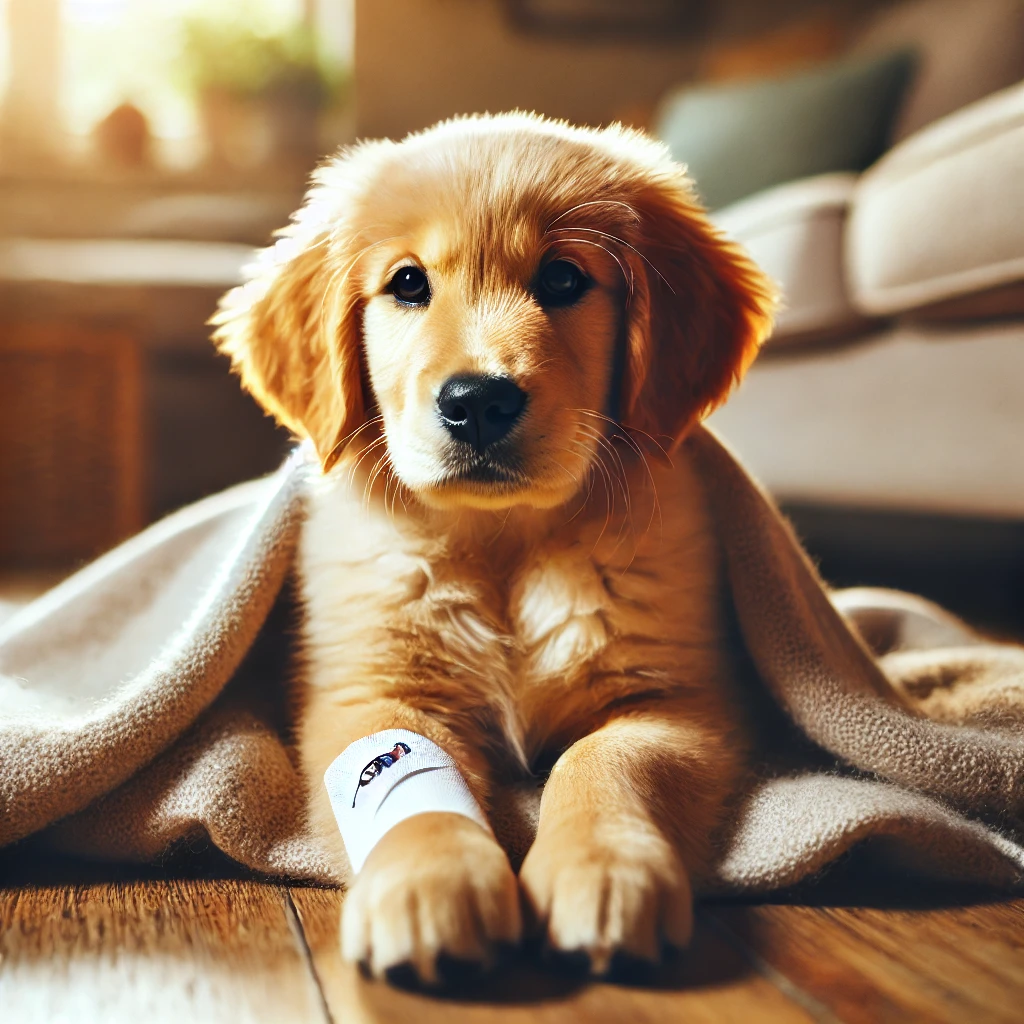 백신 접종 후 집에서 휴식하는 강아지