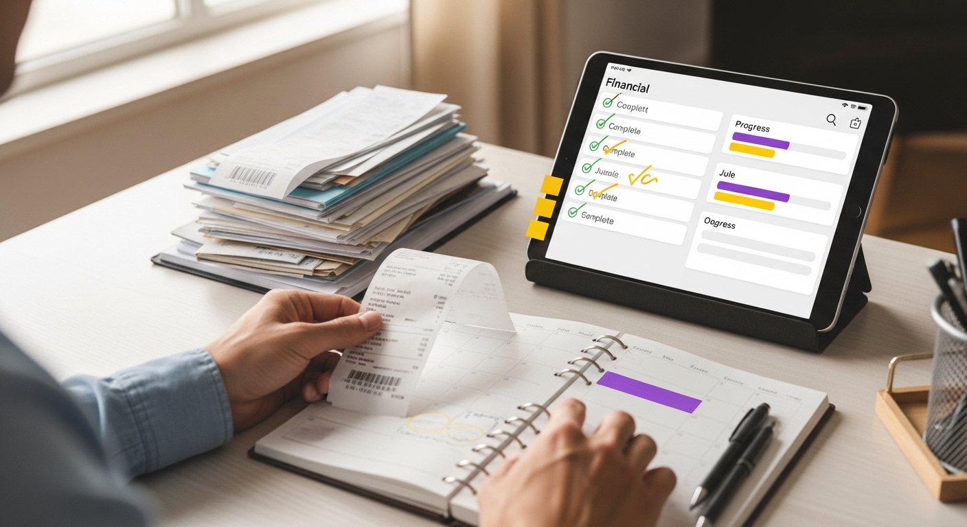 영수증과 서류를 꼼꼼히 정리하고 있는 사람의 모습으로, 연중 꾸준한 세금 관리를 나타낸다.