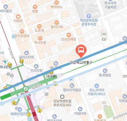강남역12번출구에서 인천공항 리무진 공항버스(6020번) 지도 위치