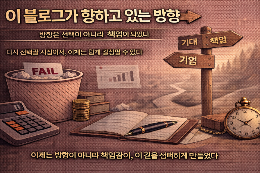 블로그가 정보 수집이 아닌 판단의 근거를 축적하는 공간임을 표현한 이미지, 실패와 선택의 과정을 기록하는 운영자 시선