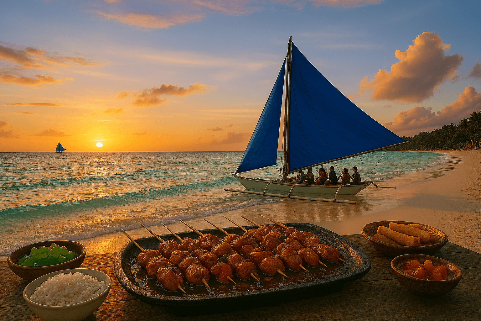 햇살 아래 눈부시게 빛나는 에메랄드빛 필리핀 바다와 고운 화이트 샌드가 끝없이 펼쳐진 풍경. 필리핀 바닷가의 대표적인 아름다움을 보여준다.