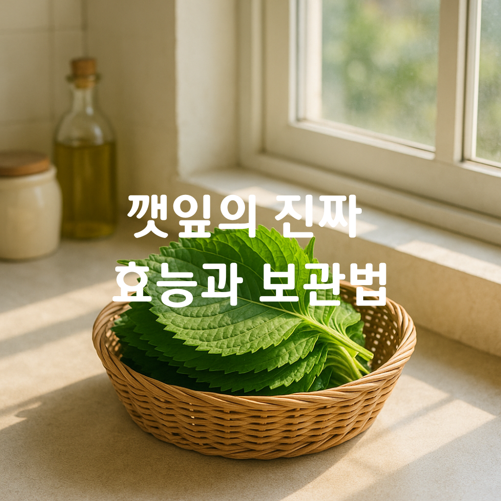 햇살이 드는 주방 창가, 바구니에 담긴 신선한 깻잎