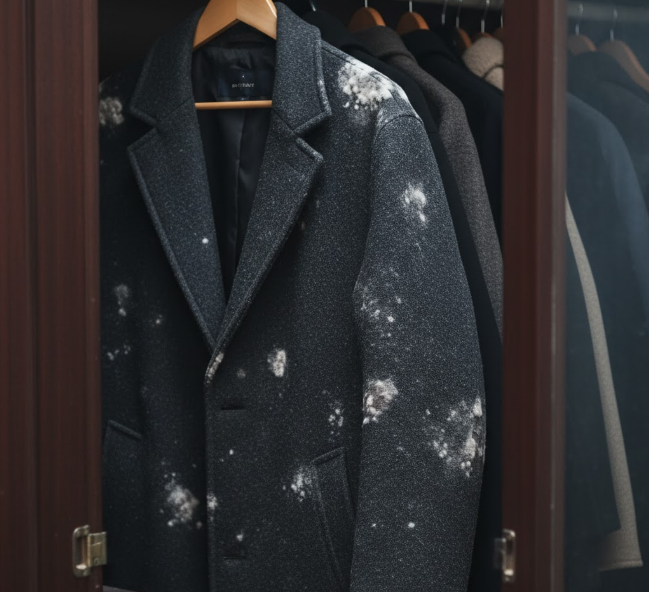 곰팡이가 하얗게 피어난 겨울 외투