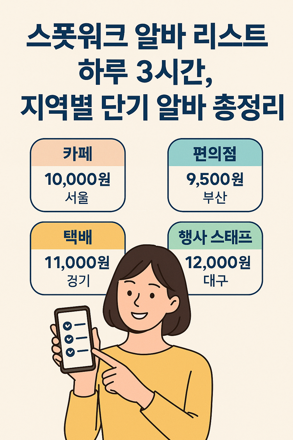스마트폰을 보는 젊은 남녀, 주변에 카페, 택배, 편의점 아이콘, 배경에는 서울·부산·대구 지도와 핀 아이콘으로 구성된 ‘스폿워크 알바 리스트’ 모바일 썸네일