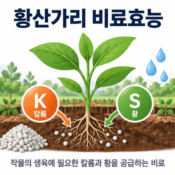 황산가리 비료효능 문구와 작물 뿌리 칼륨 황 성분을 함께 보여주는 대표 농업 인포그래픽