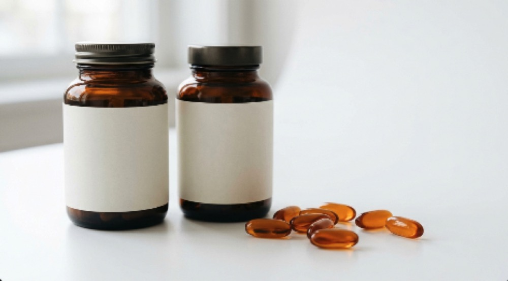 정돈된 배경 위에 눈 건강 보충제와 캡슐