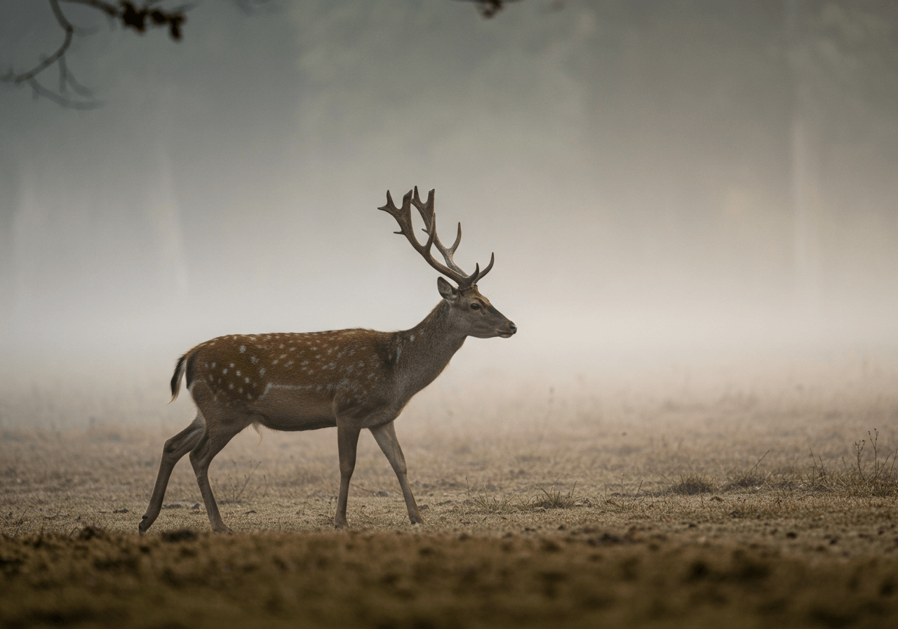 안개 낀 숲 가장자리 초지에서 천천히 걷는 수사슴, 녹용의 자연적 기원을 보여주는 야외 장면