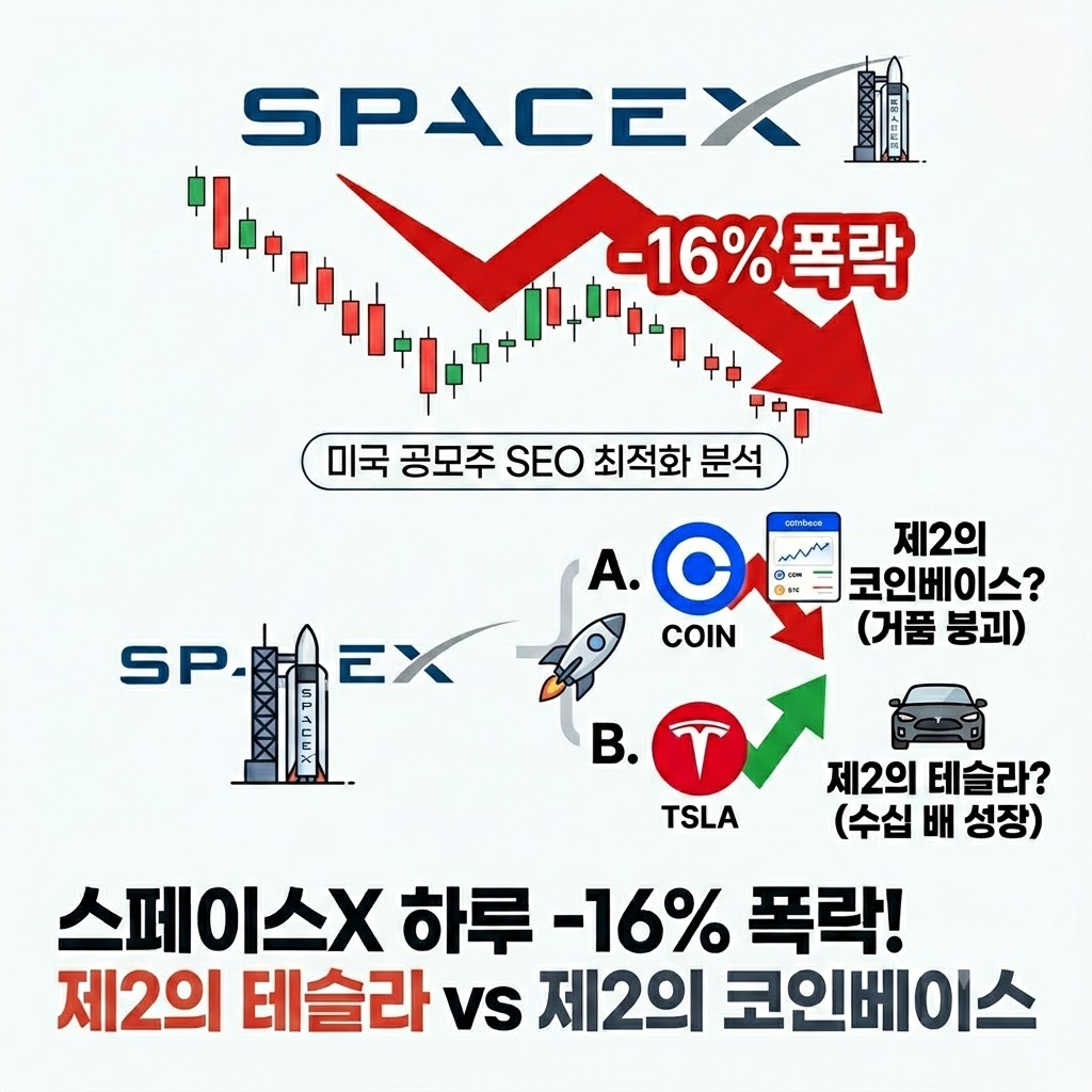 "스페이스X 주가 하루새 16% 폭락 분석 인포그래픽. 상단에는 SpaceX 로고와 하락하는 캔들 차트, 붉은색 하락 화살표가 있으며, 중앙에는 코인베이스(거품 붕괴 시나리오)와 테슬라(수십 배 성장 시나리오)를 비교하는 일러스트가 배치되어 있음. 하단에는 '스페이스X 하루 -16% 폭락! 제2의 테슬라 vs 제2의 코인베이스'라는 문구가 포함된 정사각형 이미지."
