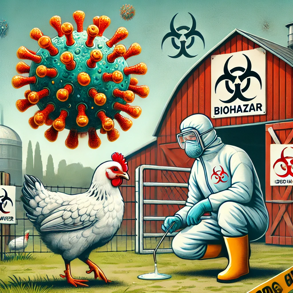 방호복을 입은 사람이 닭 근처에서 지켜보는 모습