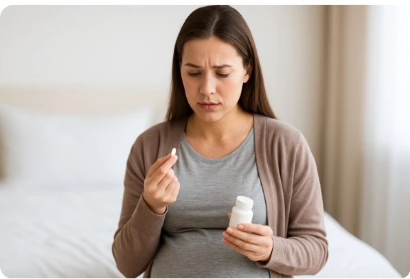 약을 손에 들고 고민하는 임신부의 모습