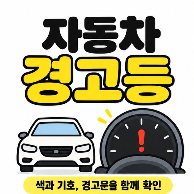 자동차 경고등 제목 아래 자동차와 느낌표가 켜진 계기판을 배치하고 색과 기호 및 경고문을 함께 확인하도록 안내한 그림