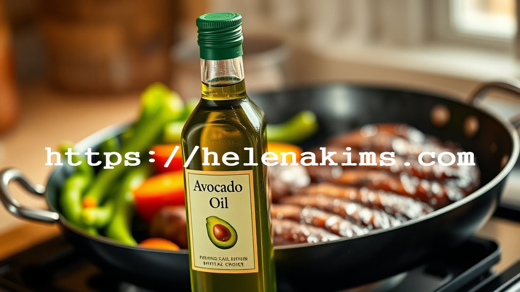 아보카도 오일 병과 옆에는 스테이크가 구워지고 있는 후라이팬 모습.