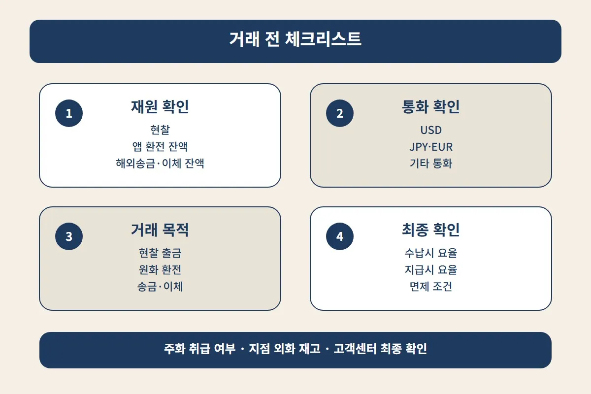 외화통장 현찰수수료 확인 전 재원, 통화, 거래 목적, 면제 조건을 점검하도록 정리한 체크리스트 이미지