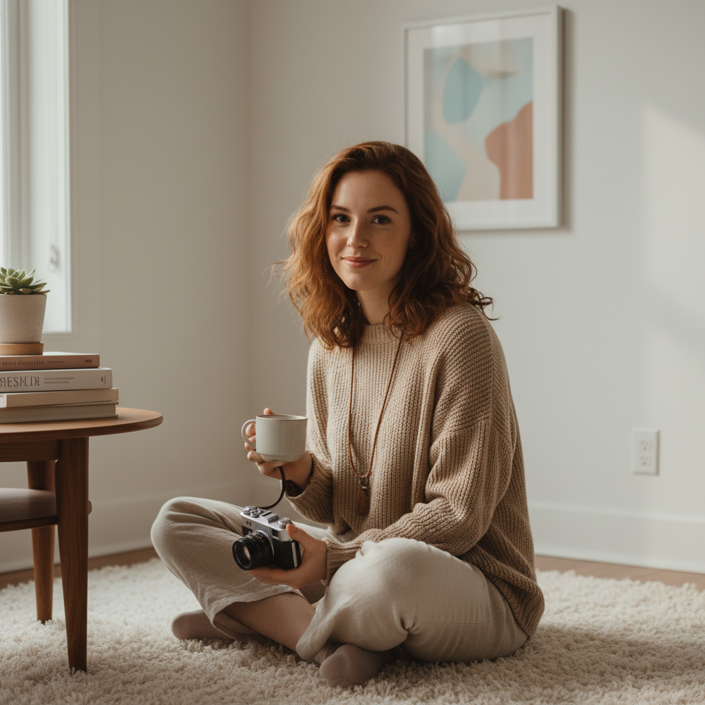 자연광이 들어오는 실내에서 노트북 앞에 앉아 작업 중인 여성 블로거