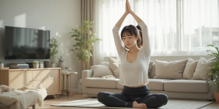 집에서 스트레칭하는 모습