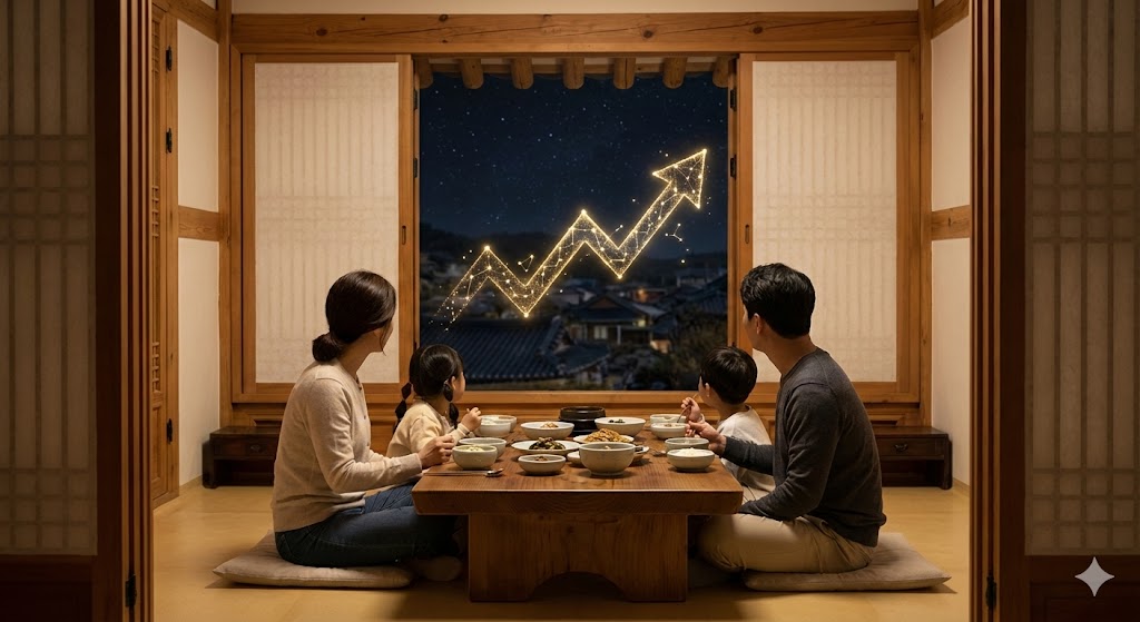 평온한 저녁, 가족들과 함께 소박하지만 행복한 식사를 나누며 창밖으로 보이는 밝은 미래(성장하는 그래프)를 미소 지으며 바라보는 투자자의 모습
