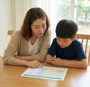 표를 보며 대화 예시를 함께 읽는 부모와 아이