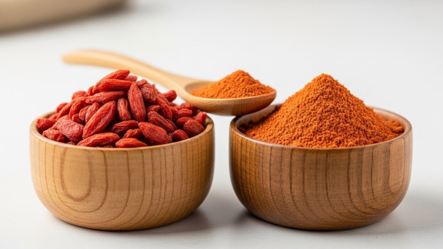 건조 구기자와 구기자 분말을 나란히 놓은 이미지