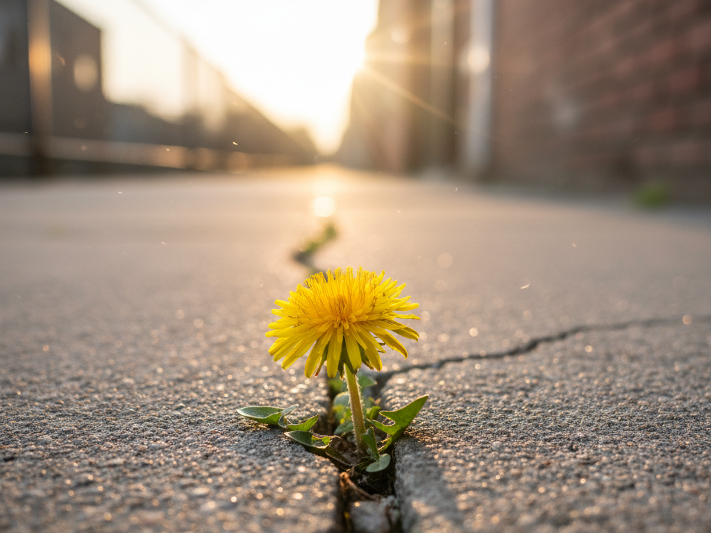 아스팔트 틈새 사이 피어난 민들레 꽃