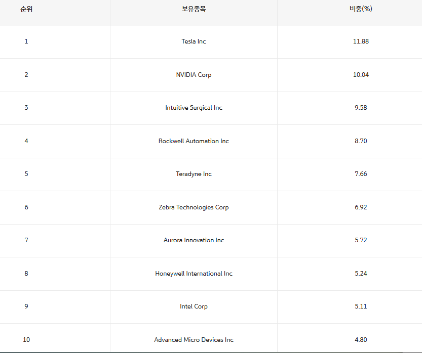 RISE 미국휴머노이드로봇 ETF - TOP10 종목비중