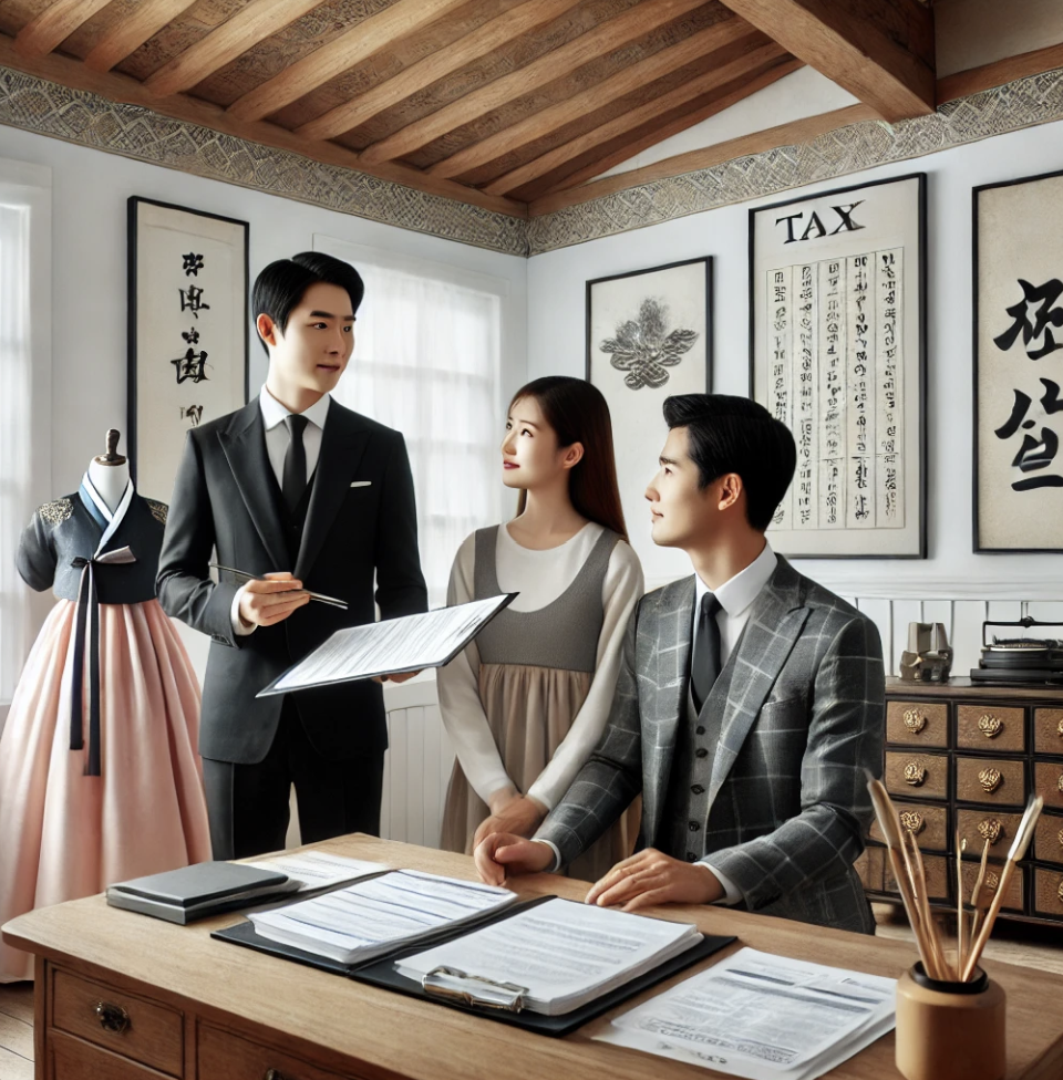 법률 사무실에서 변호사가 젊은 부부에게 세금 감면과 법적 절차를 설명하는 모습