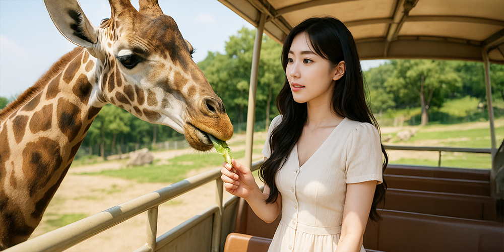 기린에게 먹이를 주는 사람