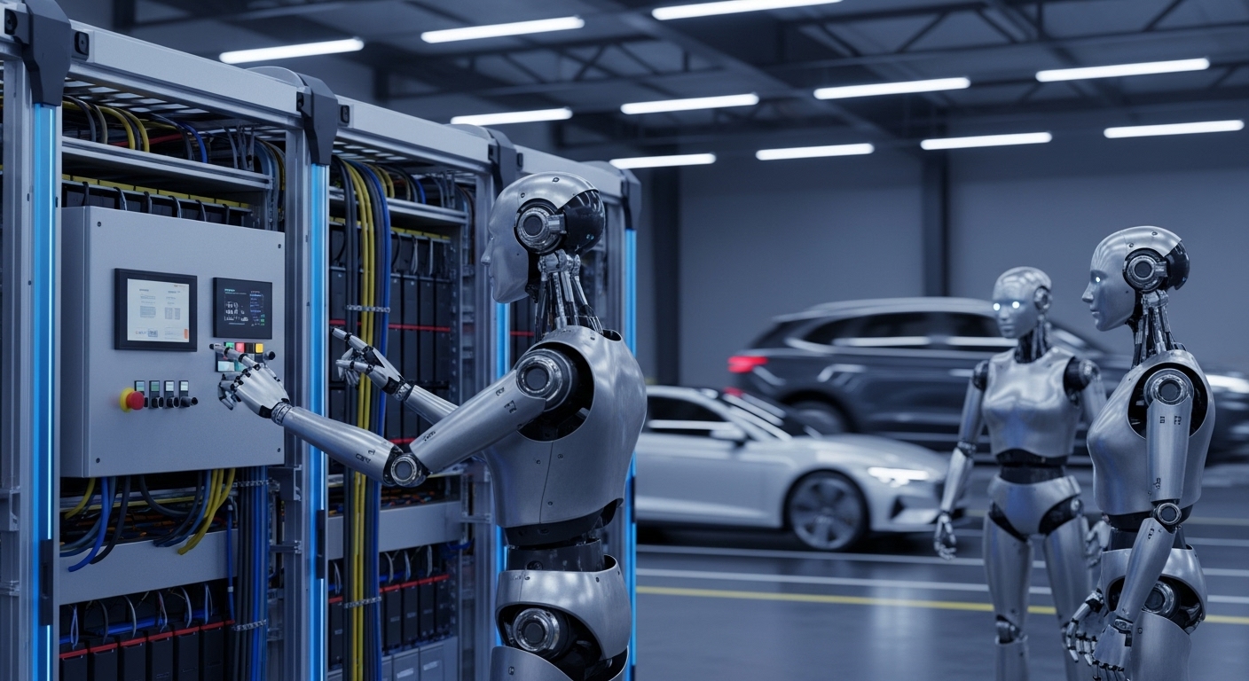 3D image where EV is blurred in the background, while ESS and robots are sharply focused in the foreground.