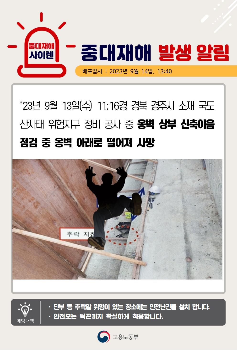 옹벽 상부 신축이음 점검 중 떨어짐