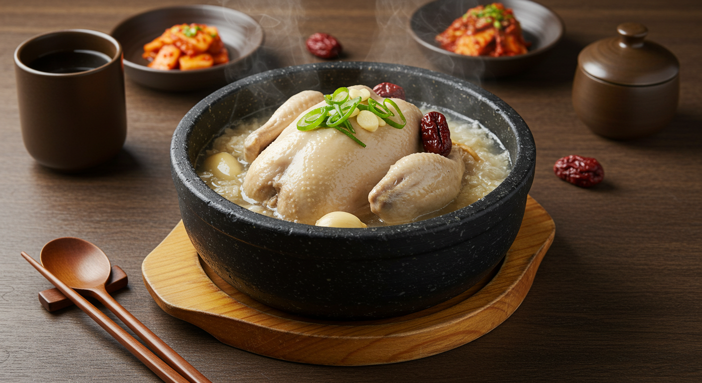 Samgyetang ginseng chicken soup in a hot stone pot ❘ 돌솥에 담긴 한국 삼계탕