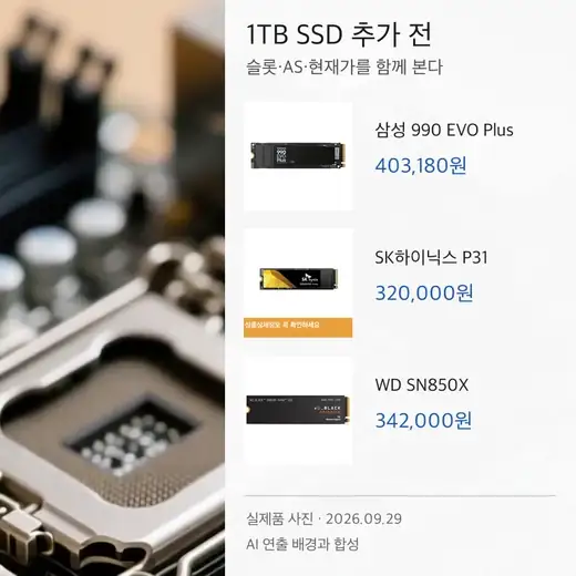 노트북 내부 회로와 1TB SSD 세 제품 가격을 보여주는 짧은 애니메이션