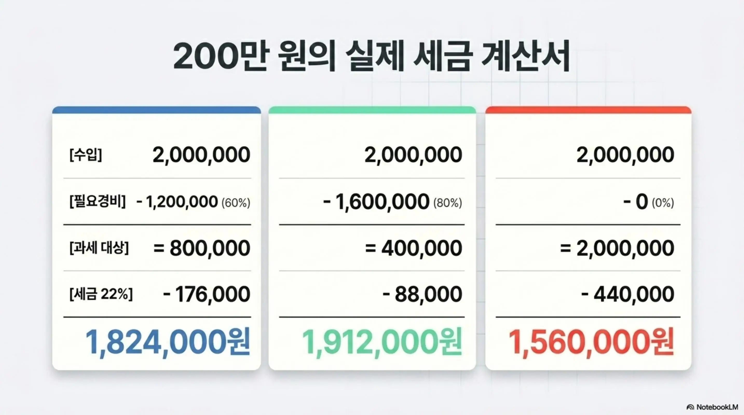 기타소득 세금 계산: 200만 원의 실제 세금 계산서라는 문구와 함께 필요경비율 60% 적용 시 세금 176&amp;#44;000원으로 실수령 1&amp;#44;824&amp;#44;000원 80% 적용 시 세금 88&amp;#44;000원으로 실수령 1&amp;#44;912&amp;#44;000원 0% 적용 시 세금 440&amp;#44;000원으로 실수령 1&amp;#44;560&amp;#44;000원을 세 개의 계산서 카드로 비교하는 인포그래픽 이미지. 이 이미지는 기타소득 필요경비율별 원천징수 세금과 실수령액 차이를 시각적으로 전달하며 블로그의 경비율별 원천징수 세금 계산 비교와 관련된 내용을 설명함 