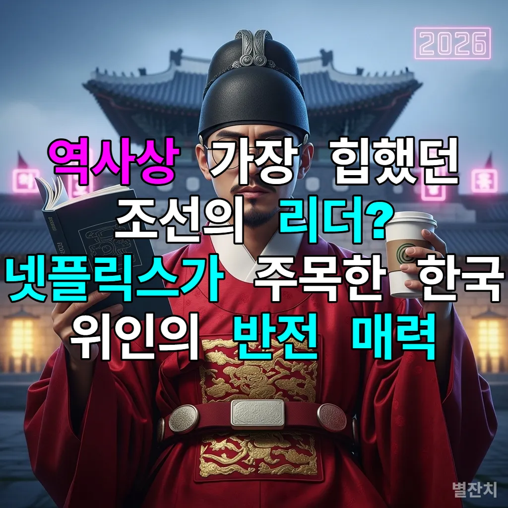 안경을 쓰고 커피를 든 현대적인 감각의 조선 정조 대왕 일러스트와 수원 화성 배경