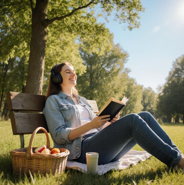 숲의 잔디밭에서 음악을 들으며 편안히 쉬고 있는 사람의 모습
