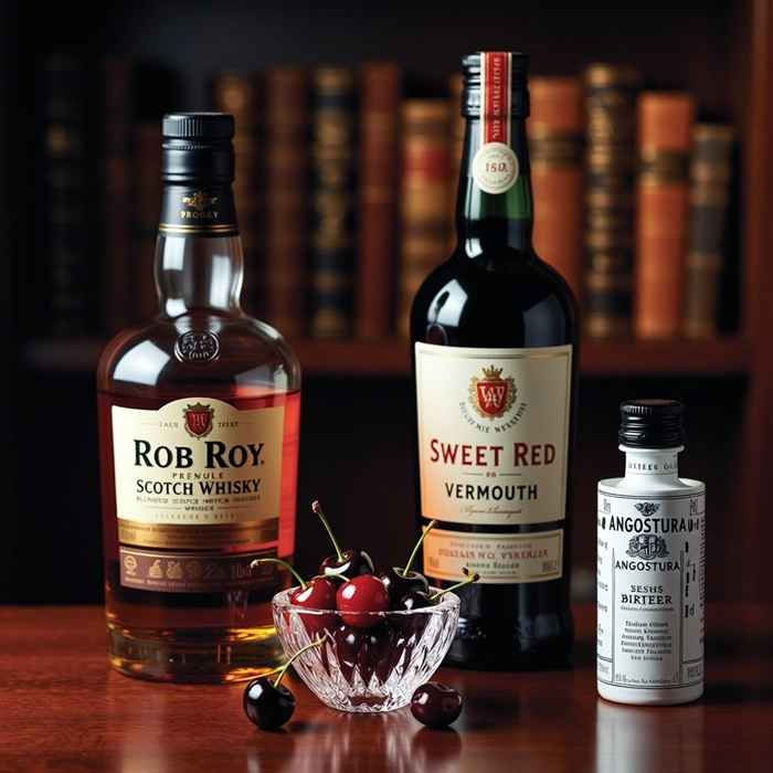 롭 로이 재료 - 스카치 위스키, 스위트 베르무트, 비터스와 체리