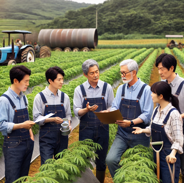 일터에서 연금 계획에 대해 토론하는 농부들의 모습