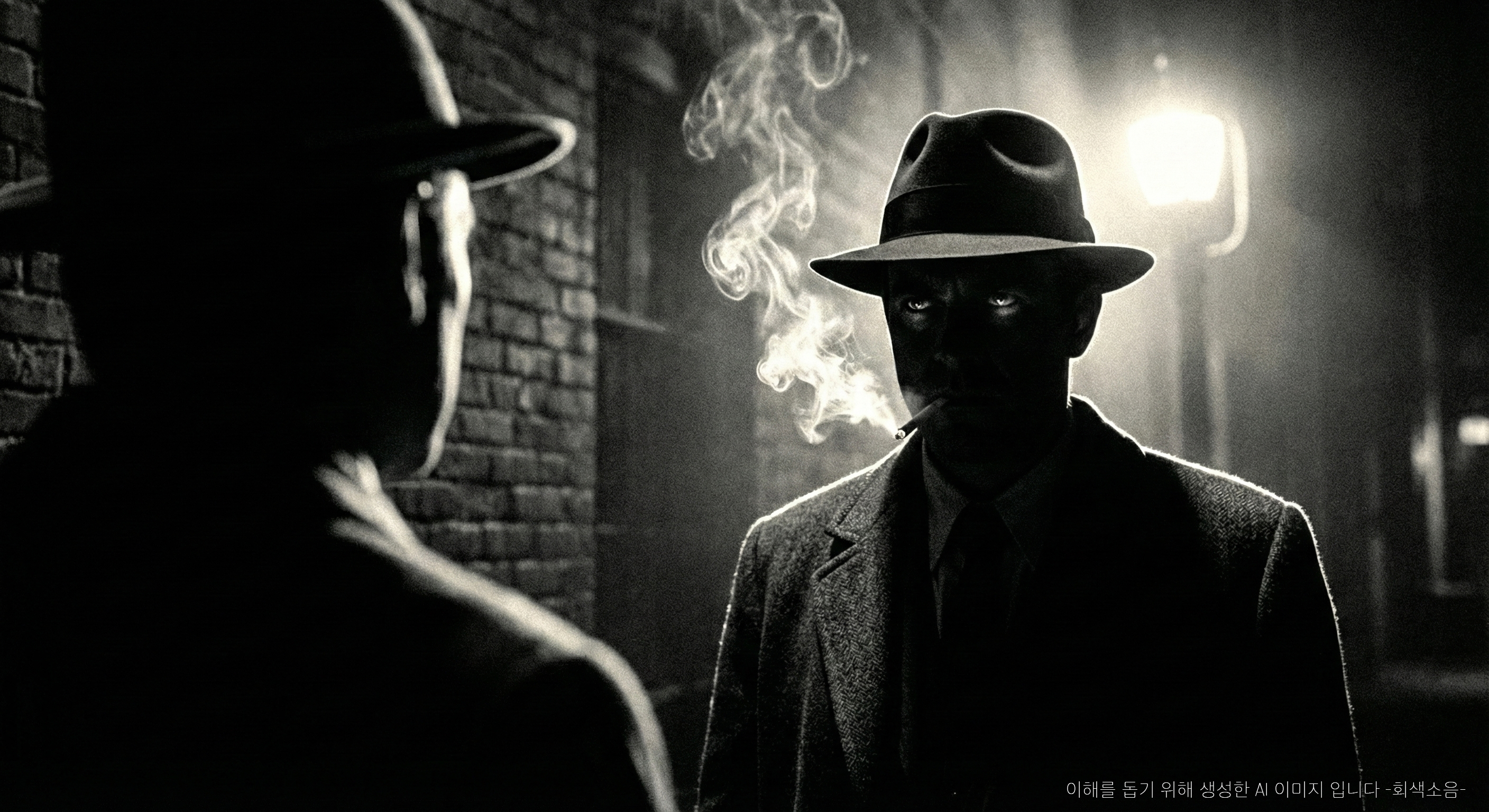 딜러의 시선 : 밤의 어두운 도시에서 한 남자의 어깨 너머로, 가로등 역광에 실루엣과 연기만 드러난 상대의 얼굴과 빛나는 눈이 위협적으로 포착된 누아르 장면.