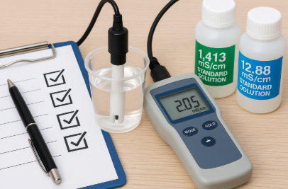 EC 센서를 표준 용액에 담가 전도도를 측정하는 장면으로, 옆에는 1.413mS/cm과 12.88mS/cm 교정 용액 병과 체크리스트가 놓여 있는 이미지